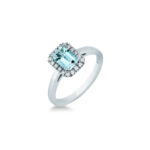 Anello Acquamarina Mirco Visconti taglio smeraldo ct.0.81 con contorno di diamanti G VS in oro bianco 18 kt nuovo